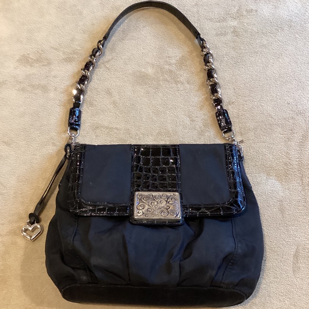Brighton Black Nylon Croc Leather Trim Shoulder Bag,‎ Flap Magnetic Closure